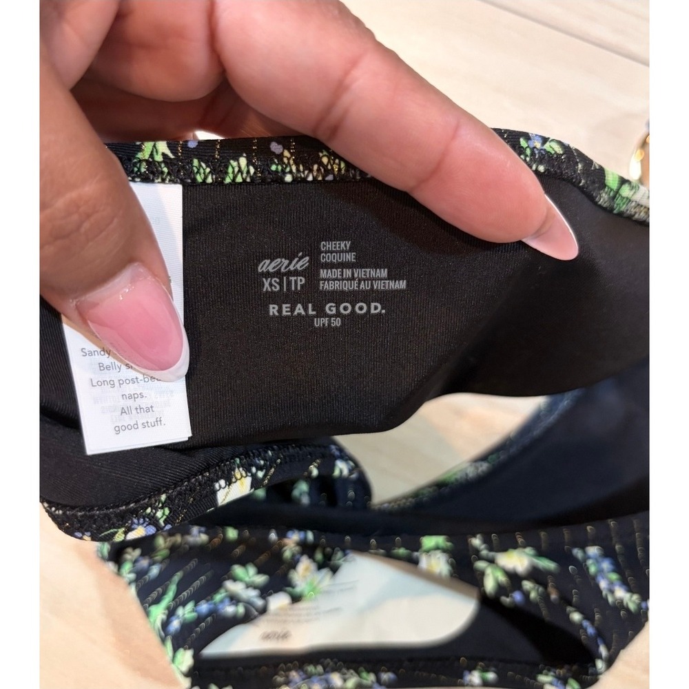 Aerie Floral Pinstripe Metallic Ring Cheeky Bikini Bottom Womens XS Black Swim - Picture 5 of 6